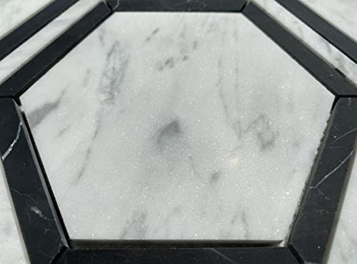 Stone Center Online Carrara White Marble 5 Inch Hexagon Georama Nero Strip Geometric Mosaic Tile Honed Kitchen Bath Wall Floor Backsplash Shower (1 Sheet) #TOP5