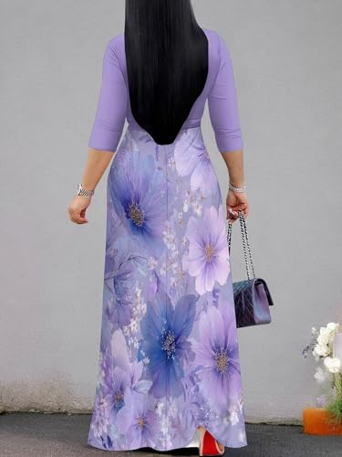 Image of Women's V Neck Floral Maxi Dress 3 /4 Sleeve Plus Size Boho Wrap Flowy Long Dresses with Belt