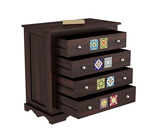 Image of Sheesham Wood Tile Chest of Drawers 4 Drawers Wooden Dresser with Storage Organizer for Bedroom Living Room Home (Walnut Finish)