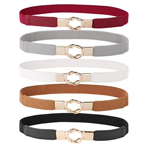 Jasgood 5 Pack Women Retro Elastic Stretchy Skinny Waist Belt With Metal Gold Buckle #TOP18