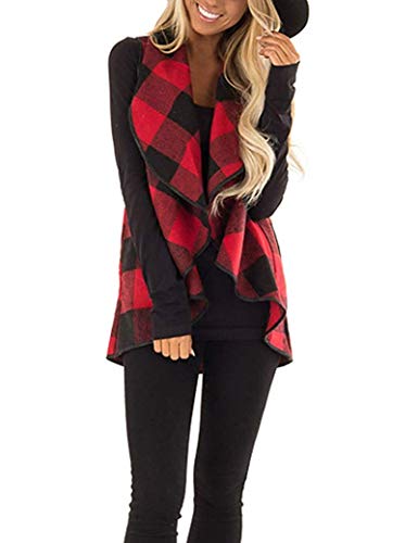 Rvshilfy Women's Color Block Lapel Open Front Sleeveless Plaid Vest Cardigan with Pockets (X-Large, Small-Red)