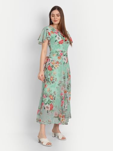 Image of Women's Floral Printed Georgette Standard Regular Fit and Flare Casual Knee Length Western Dress