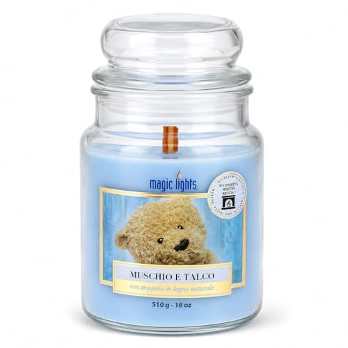 Vela en tarro de 510 g de almizcle y talco con mecha de madera natural, fabricada en Italia