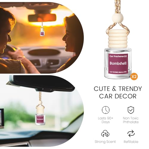 Image of Hanging Car Air Freshener, Long Lasting Essential Oil Diffuser, Non-Toxic Bombshell Scent, Cute Car Fresheners for Women, 2 Pack Made in USA