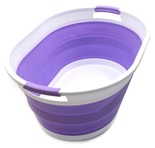 SAMMART 39L Collapsible Plastic Laundry Basket-Oval Tub/Basket-Foldable, Storage Container-Space Saving Laundry Hamper, Water capacity: 30L (Lt. Purple), Size: 24 x 17.7 x 10.75 inches