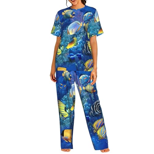 Pyjama léger à manches courtes pour femme à imprimé poissons tropicaux