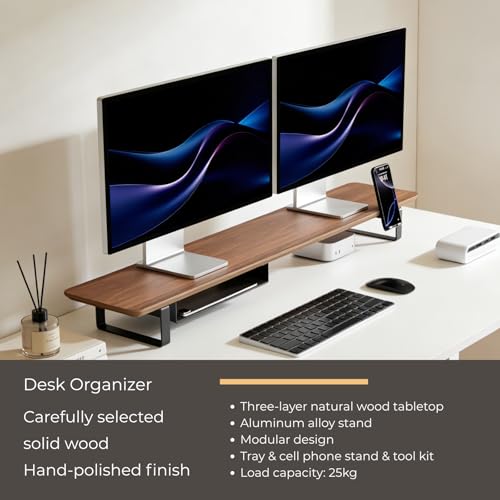 Image of muso wood Dual Monitor Stand with Storage Shelf, 45 Inch Wooden Monitor Riser for 2 Monitors, Walnut Desk Shelf for Computer, Laptop, Screen, TV, Printer