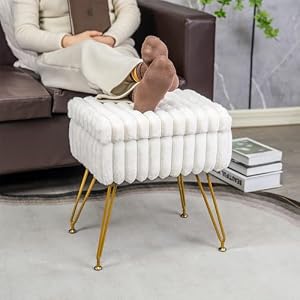 Faux Fur Vanity Stool with Storage Ottoman Vanity Chair for Makeup Room Vanity Stools for BedroomFootrest with Metal Legs and as a Coffee TableWhite