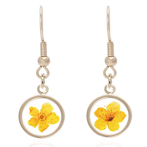 BONALUNA Pressed Flower Yellow Gold Plated Circle Dangle Drop Earrings