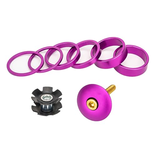 QHHVAIT Aluminium Alloy Bike Headset Spacer Bicycles Front Fork Stem Spacers Kits with Stem Top Cap, Long Bolts Headset Star Nut, 42g, Purple