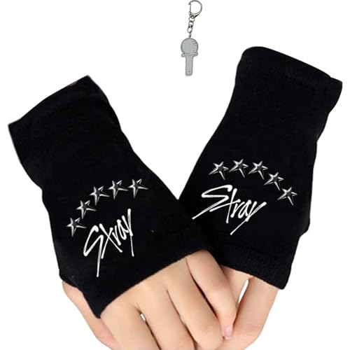 ZMaglorian 1 par de Guantes Sin Dedos Stay, Guerreras K-pp Invierno para Fans con 2 Pegatinas SK- y 1 Llavero SK-, regalo para fans de K-pp para Stay