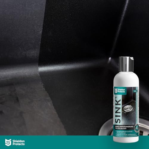 Shieldon Protects 2er Set Reiniger (250 ml) & Imprägnat (200 ml) für Granitspülen - mit Schwämme und Mikrofasertuch - Reinigung & Wasserabweisende Imprägnierung für Granit Blanco Silgranit Spüle