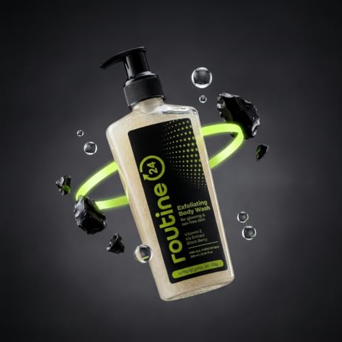 Image of Routine 24 Exfoliating Body Wash for Glowing & Tan-Free Skin 250ml | Vitamin E & Iris Extract, Blackberry Infused, All Skin Types, Daily Cleanser, Pump Dispenser