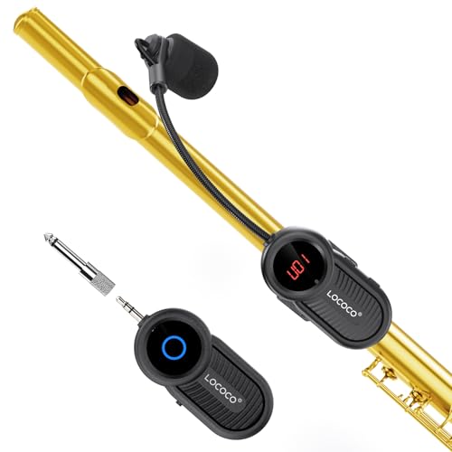 LOCOCO Micrófono Inalámbrico, Micrófono Inalámbrico UHF para Instrumentos de Viento, Receptor y Transmisor Inalámbricos Recargables, Apto para Flauta, Flautín y Clarinete