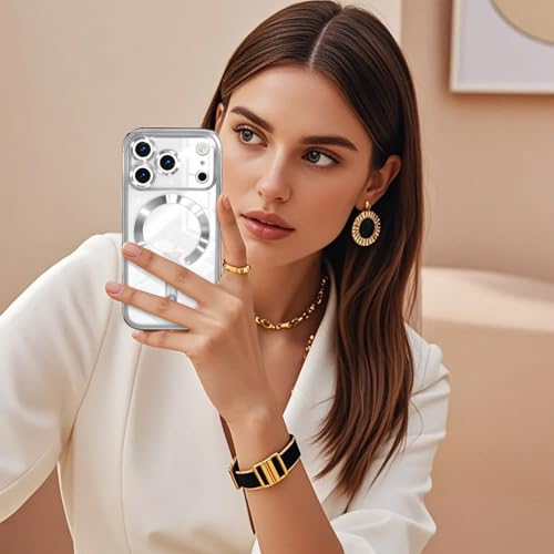 Image of Misscase for iPhone 17 Pro Max Case with Privacy Screen Protector, Built-in Lens Protector, Compatible with MagSafe, Anti-Yellowing Shockproof TPU, Bling Glitter Electroplated Cover 6.9 inch Sliver