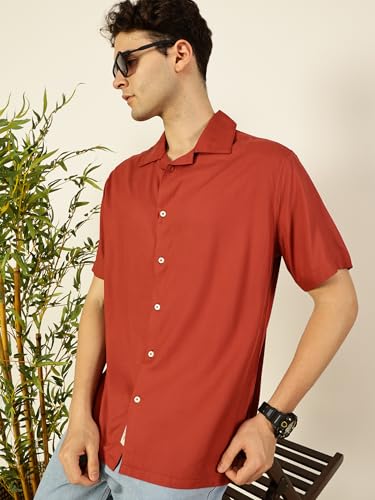 Image of Thomas Scott Men Half Sleeves Camp Collar Oversize Fit Solid Casual Shirt