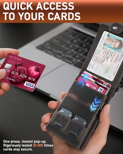 LIUGX Mens Wallet Set with Keychain, Slim Bifold Leather RFID Minimalist Wallet with Pop Up Card Holder, Holds 20 Cash Bills & 12 Cards, SD & Nano Sim Slots, Snap Closure, Crazy Horse Leather Brown4