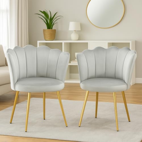 Image of Set of 2 Accent Chair for Living Room | Modern Armchair in Soft Velvet Fabric with Sturdy Legs | Premium Chair for Home Living Room Bedroom Restaurent | (Flower Design, Light Grey)