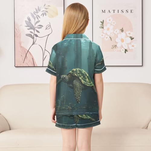 ALAZA Green Turtle Cityscape Satin Pajamas Set Short Sleeve Button Down Sleepwear Summer Pjs 2 Piece4
