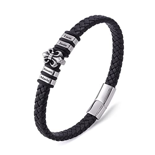 Personalized Mens Braided Leather Bracelet with Custom Name Beads Bar Charm Stainless Steel Bracelets Customized Engraved Jewelry Father Day Christmas Gift for Boyfriend Men Dad 21CM