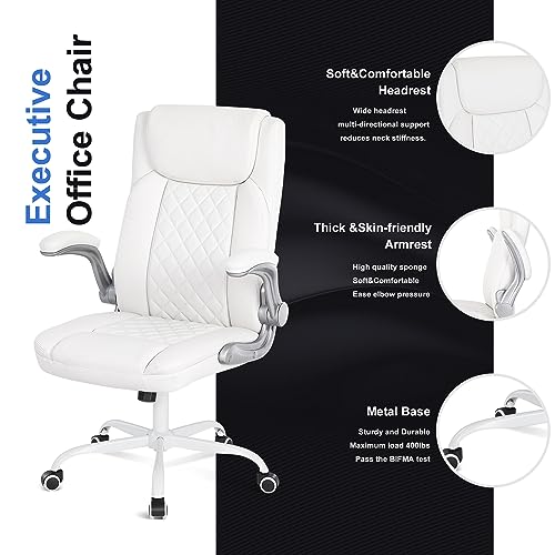 Image of Misolant Desk Chair, Big and Tall Office Chair with Flip Up Armrest, PU Faux Leather High Back Executive Computer Desk Chair with Rocking Function Ivory White