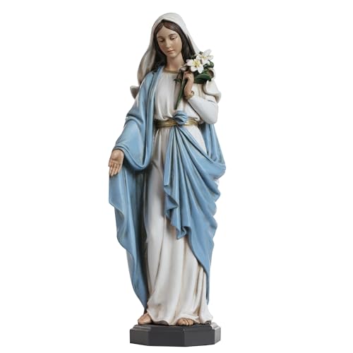 Grace4Joy Blessed Mother Mary Statue - 10 Inch Madonna Virgin Mary Statue Elegant Home Decor Hand Painted Saint Mary Holding Lilies Figurines Renaissance Collection