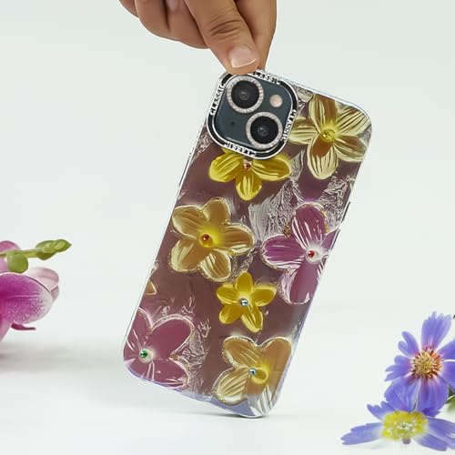 Image of Peeperly Back Cover Case for iPhone 15 Pro Scratch Resistant Anti-Slip TPU Shockproof Protective Durable Retro Gem-Encrusted Flower Art Aesthetic Case for Girls & Women(Purple)