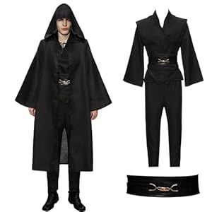 Moiuguli Jedi Kostüm für Herren, Obi Wan Kenobi Jedi Robe Tunika Kapuzenmantel Outfit Umhang mit Kapuze, 7-teilig Mittelalterlich Karneval Halloween Cosplay Ritter Kostüm Requisiten Set