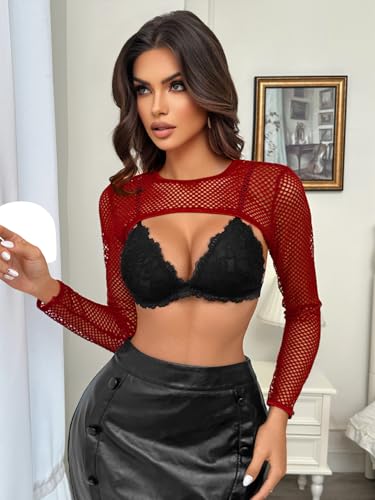Image of Lilosy Sexy Fishnet Mesh Sheer Crop Top Long Sleeve Shrug Shirt Rave Outfits Cover Up One Piece(No Bra)