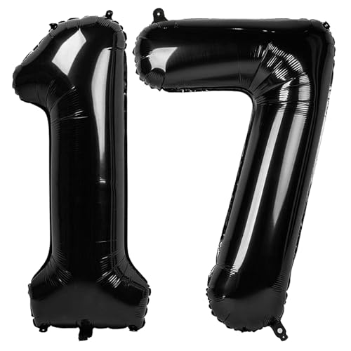 Numbers 17 Balloons 40 Inch Black 17th Birthday Decoration for 1 7 17 71 Men & Women Foil Big Number Balloon for Wedding Store Anniversary Promotion Party Decorations
