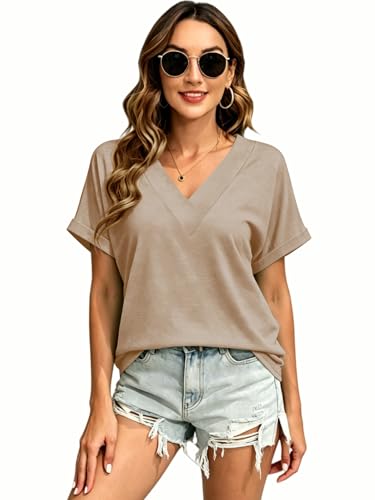Image of T Shirts Short Sleeve V Neck Tees Womens Tops Beach Vacation Fashion Clothes 2026 Casual Summer Spring Fall Outfits