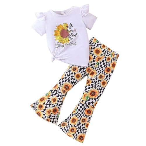 Image of Ayzozuy Kids Toddler Girl Clothes Letter Print Graphic Top + Leopard Print Flare Leg Pants 2PC Summer Clothing Set