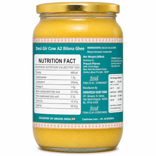 Image of A2 Bilona Desi Cow Ghee, Made From Gir Cow Milk 500ml Glass Bottle