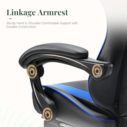 Image of High Back Ergonomic Gaming Chair for Adults, PU Leather Computer Desk Seat with Adjustable Headrest and Footrest, Linkage Armrests, 360 Swivel, Height Adjustable, Blue