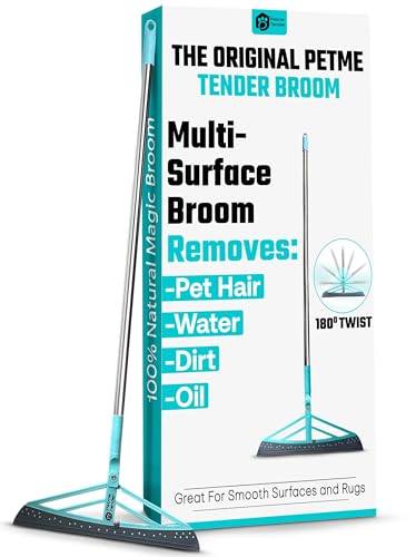 Image of Petme Tender Magic Broom Squeegee Dog Pet Hair Remover, Rotatable, Height Adjustment - Silicone Broom Pet Hair Remover for All-Surfaces Hardwood Floors, Rugs, Tile, Glass, Liquid-Dirt with 50" Handle
