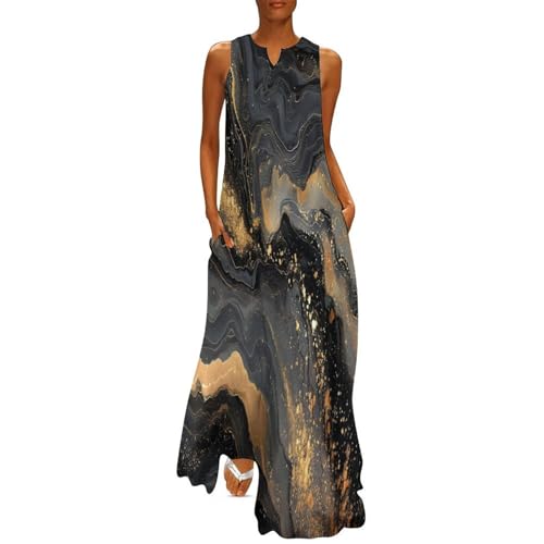 Robe d'été longue sans manches pour femme grande taille à imprimé marbre chic avec poches