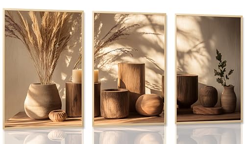 JCKYIWS 3pcs Wabi Sabi Wall Art Neutral Boho Wall decor Zen Minimalist Prints Posters Natural Dried Grass Wood Prints Paintings for Living Room Bedroom Spa Decoration Unframed
