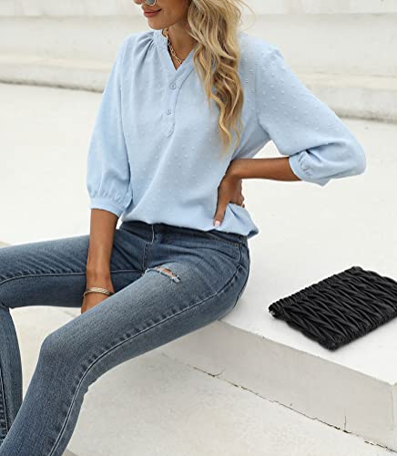 Hathne Women's V Neck Swiss Dot Tops Short Sleeve Chiffon Casual Shirts Blouses (B#Light Blue(3/4 Sleeve), Medium) #TOP5