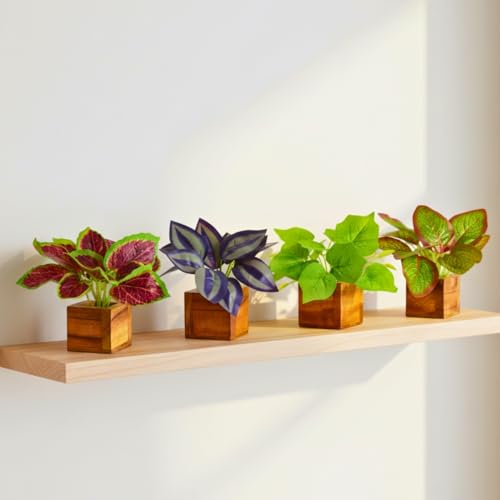 Image of DecoreBugs Artificial Leaves Potted Plants in Wooden Pot (4 Pack) Money Plant | Small Plants for Home Decor | Office Decor