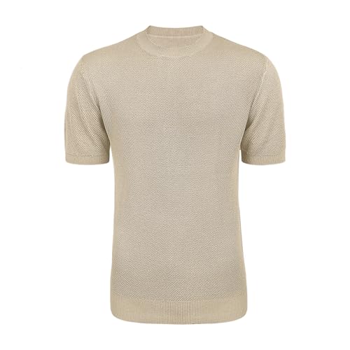 Men's Textured Knit T Shirt Short Sleeve Crew Neck Solid Color Casual Fitted Summer Pullover Top Fashion Basic Tee Apricot — view 4
