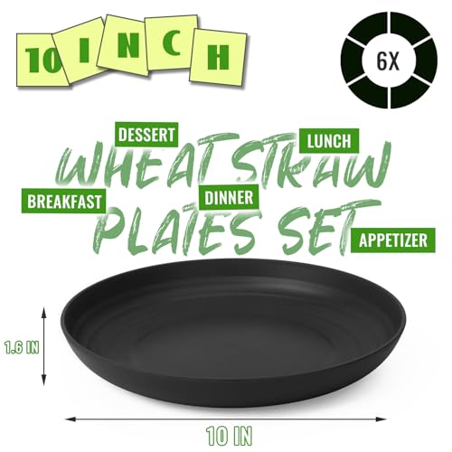 Image of 10In Unbreakable Wheat Straw Plate, 6PCS Camping Plates Set, Black | Reusable Plastic Plates Sets for Dorms and Kitchen, Dishwasher & Microwave Safe - Black