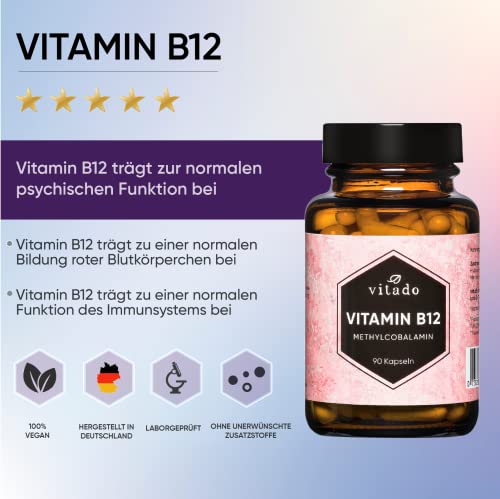 Vitamin B12 hochdosiert - 1000µg Vit B12 aus Methylcobalamin - 90 Kapseln im Glas - Vegan - Laborgeprüft