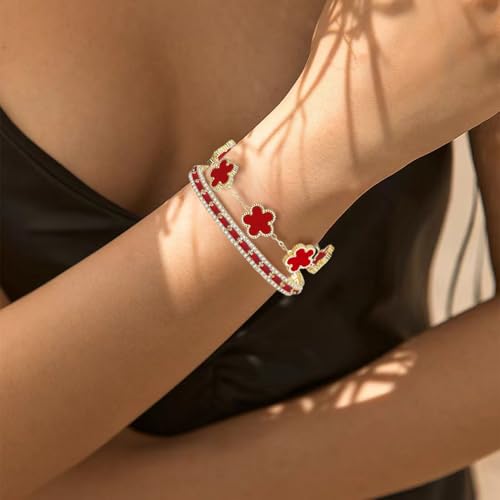 2Pcs Stackable Gold Bracelet Set for Women Cubic Zirconia Tennis Bracelet Adjustable 18K Gold Plated Flower Bracelet Set Trendy Gifts for Women2