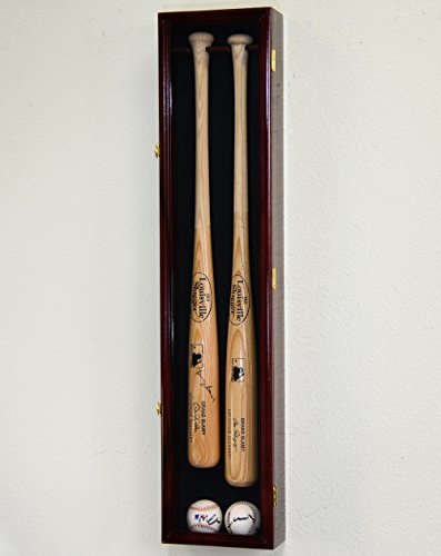 sfDisplay.com,LLC. 2 Baseball & Bat Display Case Cabinet Wall Mount Holder Rack (Red Background, Cherry Finish)