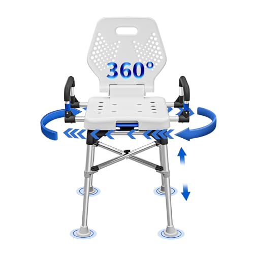 Swive Shower Chair for Seniros Elderly Disabled or Bariatric Adults with Arms and Back, Bench Seat for Inside Shower Stall and Bathroom Bath Tub Seats Adjustable Stool Heavy Duty 500 lbs sit Chairs