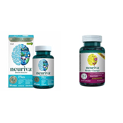 NEURIVA Nootropic Brain Support Supplement - Plus Capsules (30 Count) w/ Brain + Energy Gummies, Nootropic Brain Supplement for Focus & Concentration with Neurofactor, 75ct Natural BlackBerry