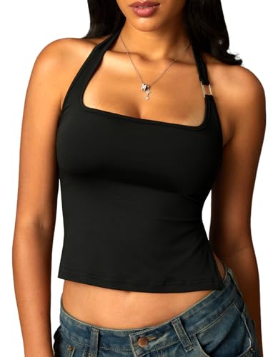 Navneet Women Y2K Backless Halter Top Going Out Side Slit Open Back Crop Tank Top Date Night Club Rave Concert Tops
