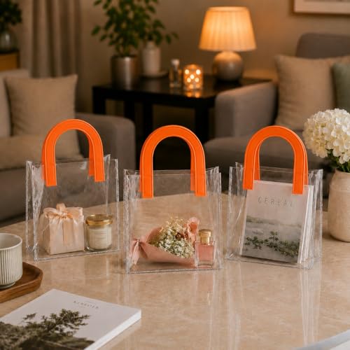Image of SATYAM KRAFT 6 Pcs Transparent Reusable Leather Goodie Bags | Elegant Gift Bags for Her /Him Wedding Return Favors, Engagement Hampers, Marriage, Birthday & Festival Gifting | Handle Hamper Shopping Carry Bags (U-shaped Orange - Small)