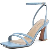 AIUNIIND Heeled Sandals for Women Chunky Block High Heels Square Open Toe Sandals with Ankle Strap 3 Inch Dress Heels Comfortable Blue 8.5