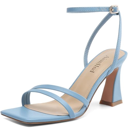 AIUNIIND Heeled Sandals for Women Chunky Block High Heels Square Open Toe Sandals with Ankle Strap 3 Inch Dress Heels Comfortable Blue 8.5